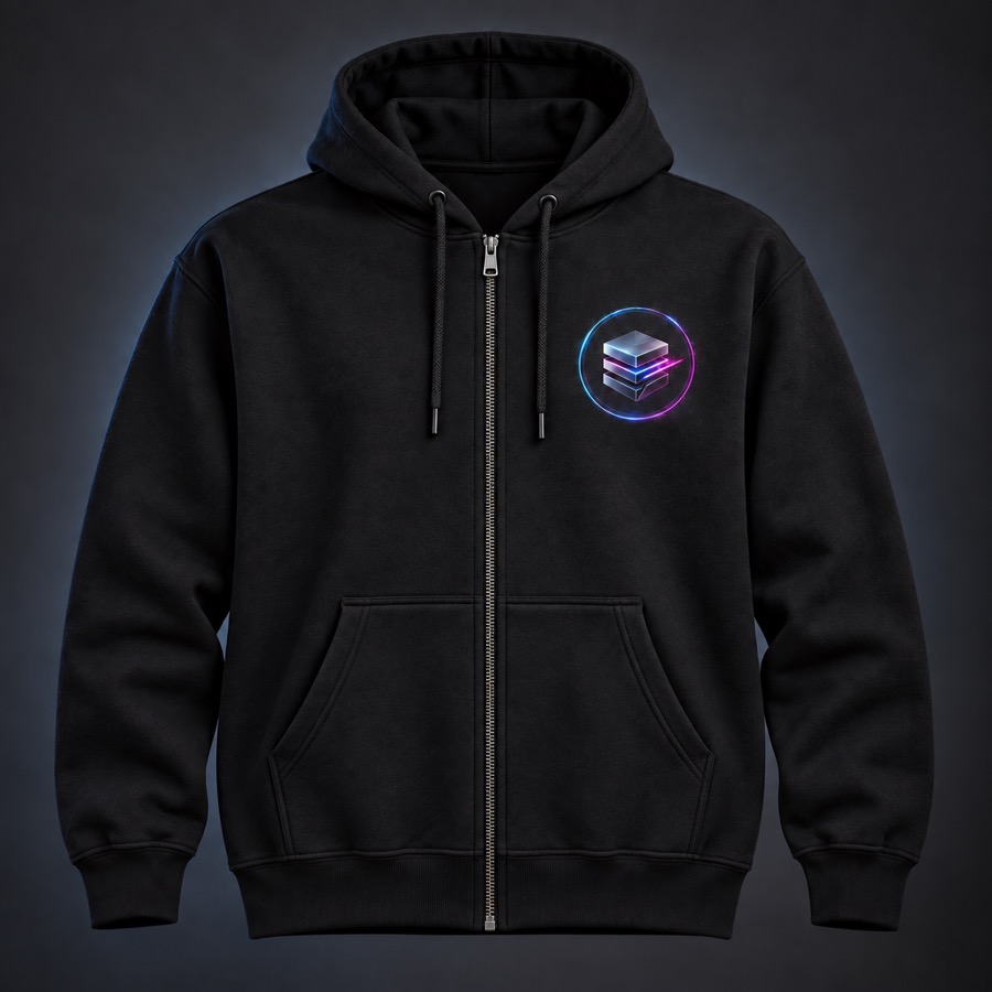 Illustrative black full-zip hoodie with a silver center zipper and the LayerShift emblem on the left chest