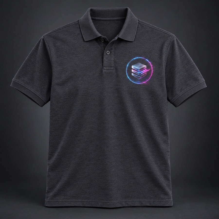 Illustrative charcoal polo with the LayerShift emblem on the left chest