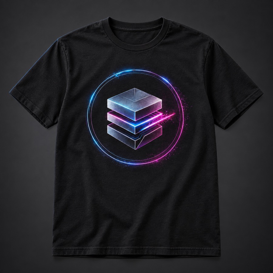 Illustrative black T-shirt with the LayerShift emblem on the front